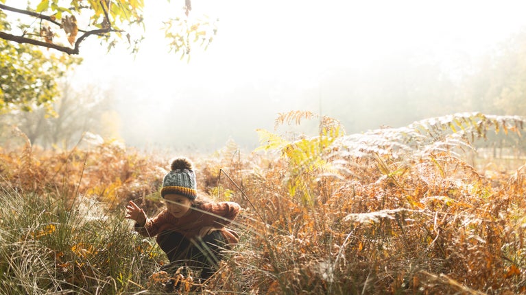 Child crouching down among autumn leaves on a misty morning